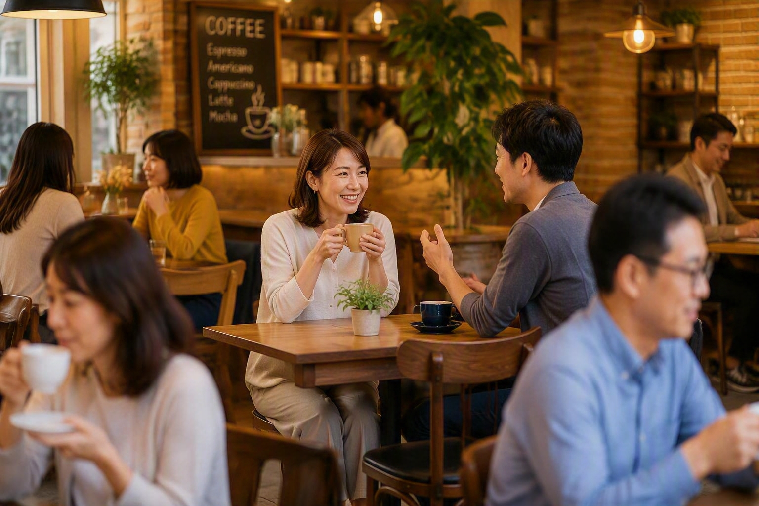 カフェで向かい合って会話している様子。周囲に複数のテーブルと人影がありつつ、中央の会話シーンが自然に.png